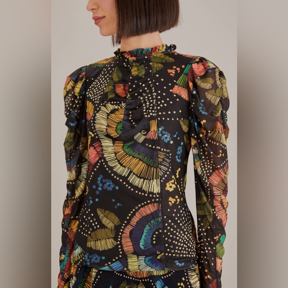 Farm Rio Black Colorful Birds Tulle Blouse, Colorful Birds Black Size XS